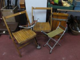 A Pair of Vintage Folding Wooden Chairs, a gents mid XX Century trouser press, a folding fishing