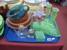 Blue Dimpled Glass Posy Pot, 16.5cm diameter, mottled glass basket, green glass trinket set, etc:-