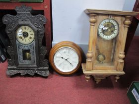 Ansonia Early XX Century Mantle Clock, with carved wooden casing, 56cm high, stripped walnut and