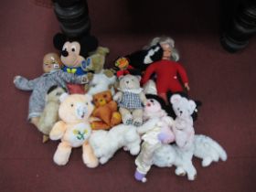 A Selection of Teddies, to include a Mickey Mouse, Good Luck Euro by Steiff, two dolls and