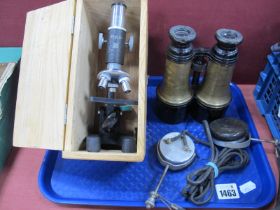 A 'Philo' Boxed School Microscope, a pair of early XX Century binoculars marked 'Colmont Paris';