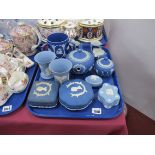 Wedgwood Jasperware Three Piece Tea Service, commemorative trinkets, tyg (damaged) etc:- One 'Tray.