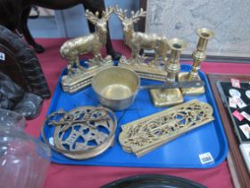 Stag Door Stops, candlesticks, door finger plates, other brass ware:- One Tray.