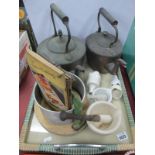 Two Copper Kettles, Tala tongue press, pie funnels, mortar & pestles:- One Tray.