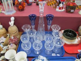 Cut Glass Decanter, cocktail glasses, blue overlay Champagne glasses, etc:- One Tray.