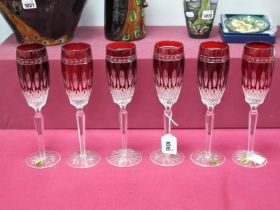 Six Waterford Crystal 'Clarendon' Ruby Flutes, raised on star cut bases, etched marks and labels,