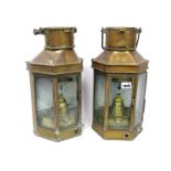 A Pair of Early XX Century Brass Bulkhead Lamps, the burners stamped "Bulpitt and E.G. and S, 1916",