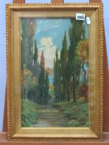V. BELL Wooded Path with Lake Beyond, oil on canvas, signed lower right, 40.5 x 25cm.