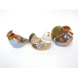 Three Royal Crown Derby Porcelain Paperweights; 'Cockerell', 'Chicken' and 'Waxwing', all gold