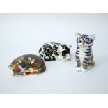 Three Royal Crown Derby Porcelain Paperweights; 'Catnip Kitten', 'Misty' and 'Grey Kitten', all gold