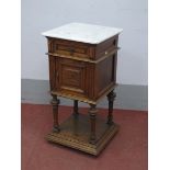 A XIX Century Oak Continental Bedside Cabinet, with grey marble top over a single drawer, panelled