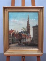 A.H.J. JACOBSON (Danish) Street Vendor in a Continental Town Scape, oil on canvas, signed and