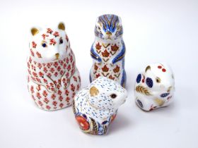 Four Royal Crown Derby Porcelain Paperweights; 'Poppy Mouse', 'Harvest Mouse', Hamster' and '