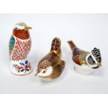 Three Royal Crown Derby Porcelain Paperweights; 'Crested Tit', 'Hummingbird' and 'Derby Wren', all