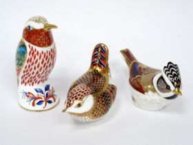 Three Royal Crown Derby Porcelain Paperweights; 'Crested Tit', 'Hummingbird' and 'Derby Wren', all