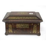 A Mid XIX Century Rosewood Tea Caddy, of sarcophagus shape with brass inlay, the interior with two