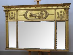 A XIX Century Gilt Wood Overmantel Wall Mirror, the upper section with classical decoration of a