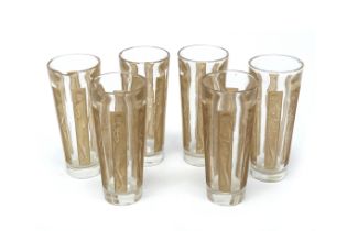A Set of Six Lalique 'Six Figurines' Goblets, of tapered form with brown staining, etched Lalique