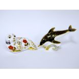 Two Royal Crown Derby Porcelain Paperweights; 'Dolphin' and 'Seal', both gold stoppers, 8-9cm