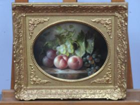 R.CASPER (XX Century) Still Life Fruit on a Ledge, oil on board, signed lower edge, bears Hibbert