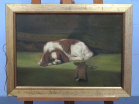 GABRIELLA FETZELLI King Charles Spaniel Recumbent Beside a Pair of Gloves, oil on canvas, signed