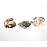 Three Royal Crown Derby Porcelain Paperweights; 'Frog', 'Beaver' and 'Terrapin'', all gold stoppers,
