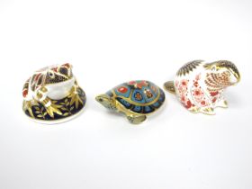 Three Royal Crown Derby Porcelain Paperweights; 'Frog', 'Beaver' and 'Terrapin'', all gold stoppers,