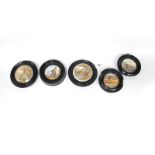 A Collection of Five Pot Lids, each mounted in black painted frames, including 'The Shrimpers', '