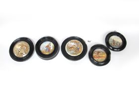 A Collection of Five Pot Lids, each mounted in black painted frames, including 'The Shrimpers', '