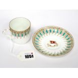 A White Star Line Porcelain Coffee Cup and Saucer, with turquoise enamel and brown borders,