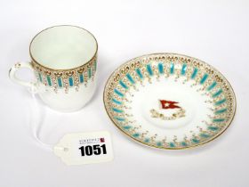 A White Star Line Porcelain Coffee Cup and Saucer, with turquoise enamel and brown borders,