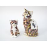 A Royal Crown Derby Porcelain Paperweight; 'Cat' and Another 'Kitten', both gold stoppers, 9 -