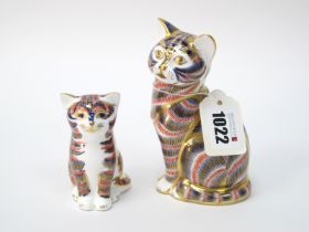 A Royal Crown Derby Porcelain Paperweight; 'Cat' and Another 'Kitten', both gold stoppers, 9 -