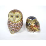 Two Royal Crown Derby Porcelain Paperweights; 'Little Owl' and 'Barn Owl', both gold stoppers, 8 -