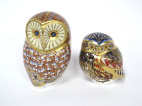 Two Royal Crown Derby Porcelain Paperweights; 'Little Owl' and 'Barn Owl', both gold stoppers, 8 -