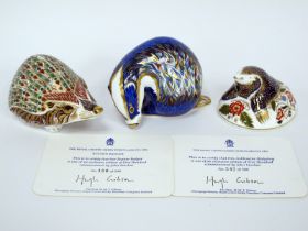 Three Royal Crown Derby Porcelain Paperweights; 'Ashbourne Hedgehog' and 'Buxton Badger', both