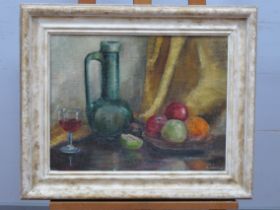 MAUD JEFFERIES (1869-1946) Still Life, with jug, glass of red wine and cruet, oil on board, signed