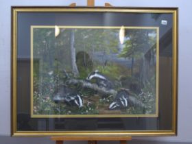 BARBARA MITCHELL (Sheffield Artist) *ARR Badgers in a Wooded Landscape, mixed media, signed lower