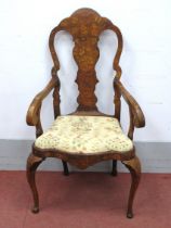 A Mid XVIII Century Dutch Marquetry Inlaid Elbow Armchair, the top rail inlaid with a man's head,