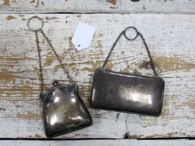A Silver Plated Finger Purse, of shaped square shape to foliate engraved front, chain handle;