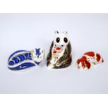 Three Royal Crown Derby Porcelain Paperweights; 'Panda', 'Puppy' (cracked) and 'Fox', all gold
