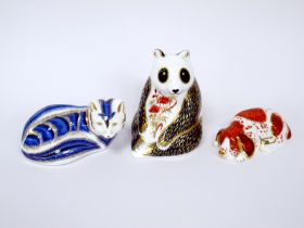 Three Royal Crown Derby Porcelain Paperweights; 'Panda', 'Puppy' (cracked) and 'Fox', all gold