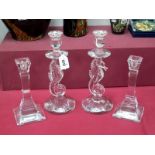 A Pair of Waterford Glass Candlesticks, modelled in the form of seahorses, etched mark, 29cm high; A