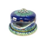 A Mid/Late XIX Century Majolica Cheese Dome and Stand, moulded and painted with fish and seaweed,