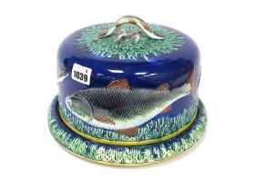 A Mid/Late XIX Century Majolica Cheese Dome and Stand, moulded and painted with fish and seaweed,