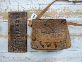 A Vintage Crocodile Skin Handbag, with fold-over envelope fastening and a similar clutch bag. (2)