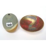 A Studio Pottery Vase, of ovoid form, decorated in orange, cream and sage green glazes, impressed '