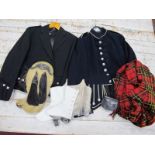 A Gents Black Wool Kilt Jacket, a navy blue wool kilt jacket (with faults), a fly plaid with