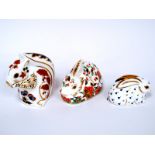 Three Royal Crown Derby Porcelain Paperweights; 'Squirrel', 'Meadow Rabbit' and 'Rabbit', all gold
