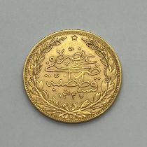 Mehmed V Rasad Gold Turkey 100 Kurus Coin, 7.2g.